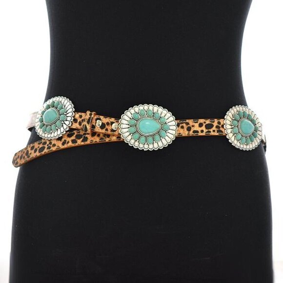 Tipi Accessories - Western Turquoise Flower Concho Floral Leopard Animal Print Belt L/XL by Tipi